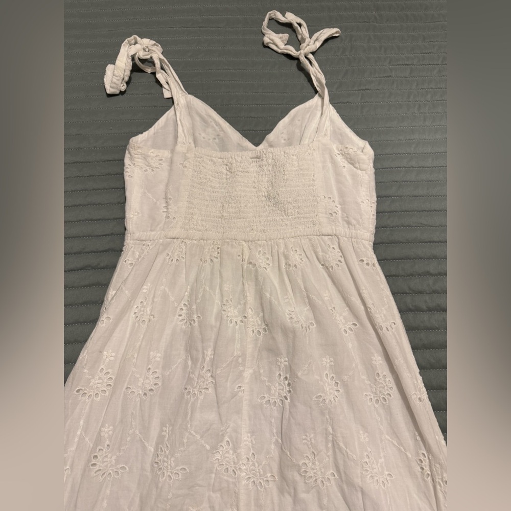 Boho style White Cotton Eyelet Tiered Midi Sun Dress Tie Shoulder Pullover - Picture 6 of 9